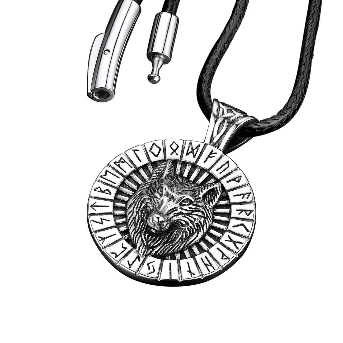 Viking Wolf Medal Necklace With Runes Jewelry for