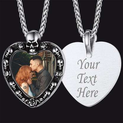 Customized Memorial Heart Photo Necklace With Skull for