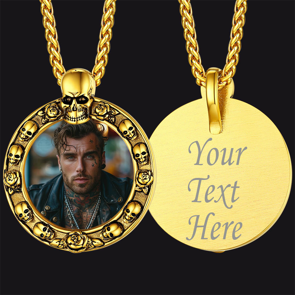 Customized Engraved Photo Necklace With Skull for