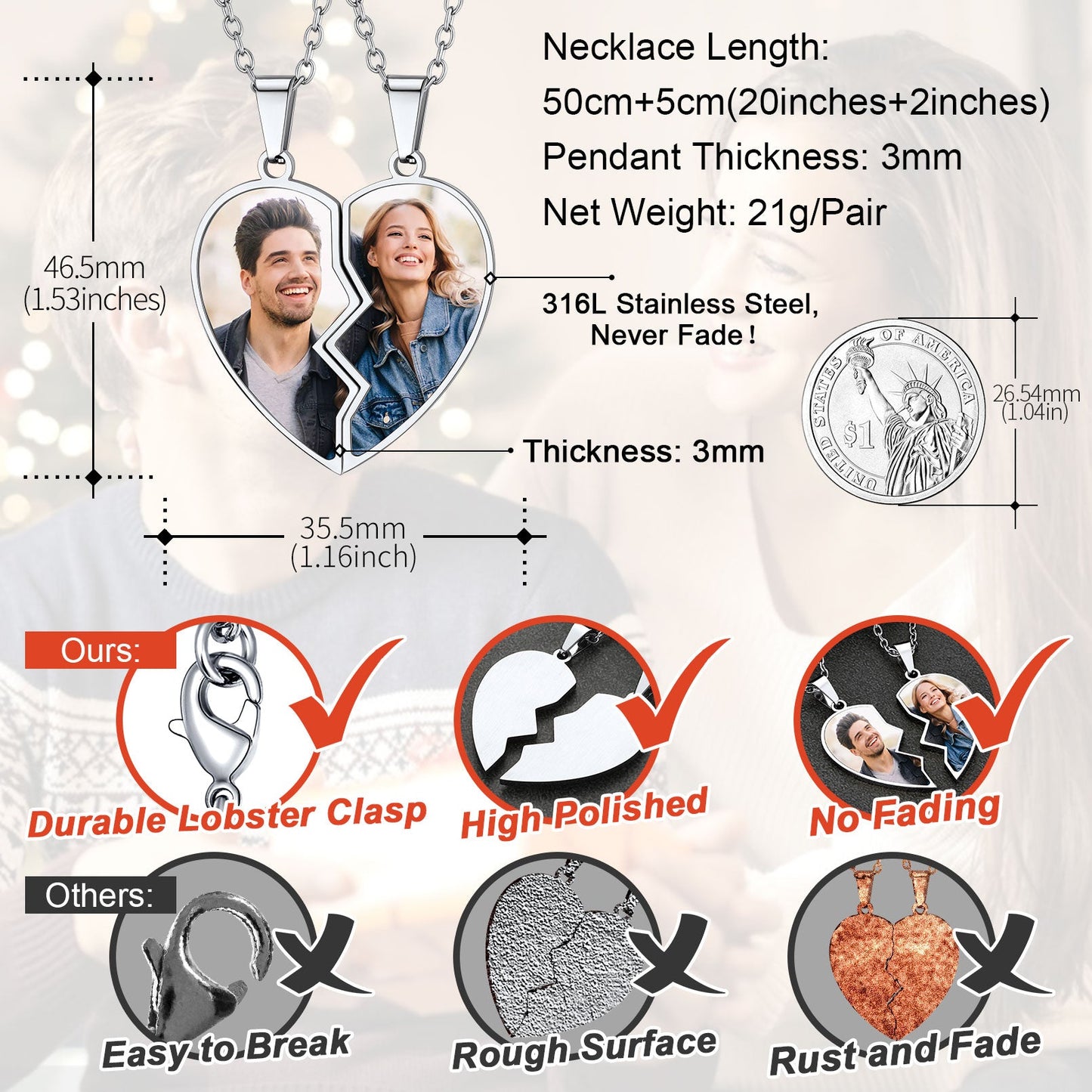 Couple Customized Picture Heart Puzzle Matching Necklace, Gift for Friends & Mom