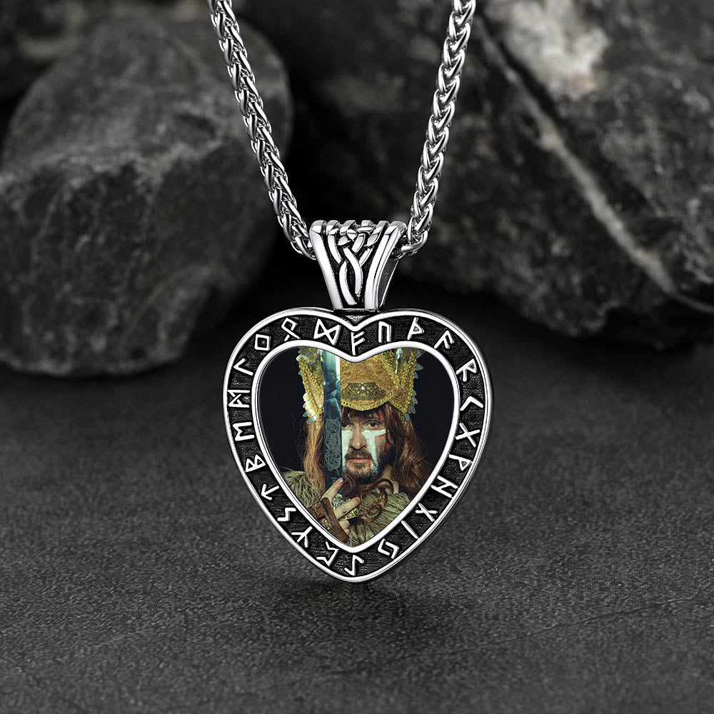 Custom Engraved Photo Heart Necklace With Viking Rune Memorial Gift