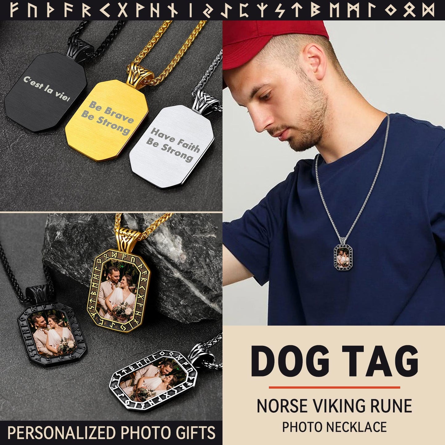 Engraved Customized Photo Dog Tag Necklace With Viking Runes for