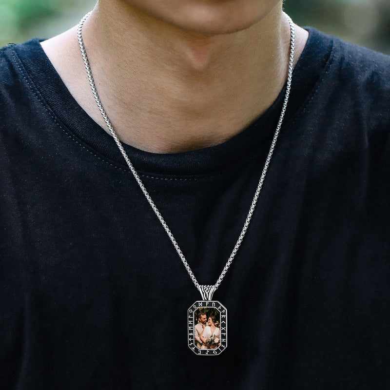 Engraved Customized Photo Dog Tag Necklace With Viking Runes for