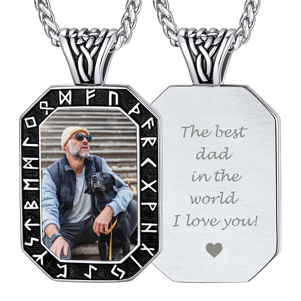 Engraved Customized Photo Dog Tag Necklace With Viking Runes for