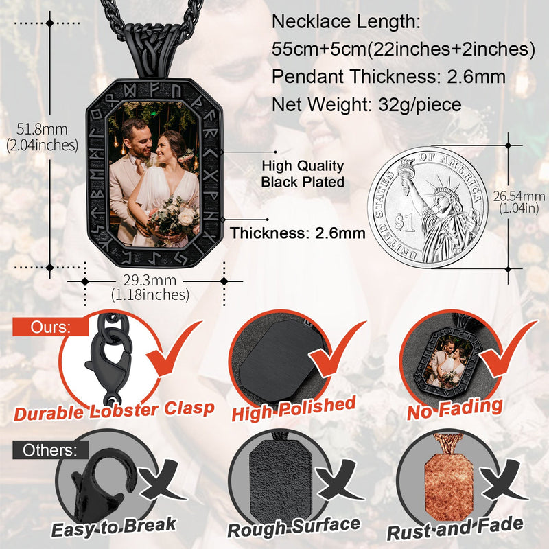 Engraved Customized Photo Dog Tag Necklace With Viking Runes for