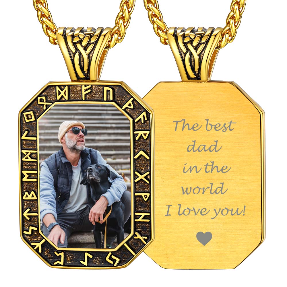 Engraved Customized Photo Dog Tag Necklace With Viking Runes for