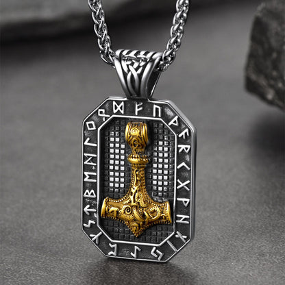 Engraved Thor's Hammer Dog Tag Necklace With Viking Runes for