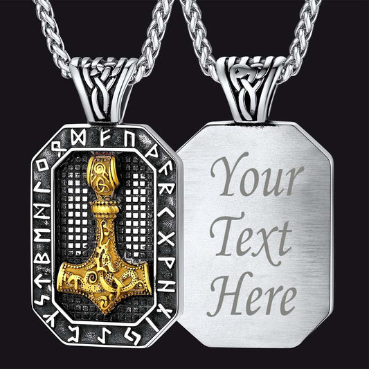 Engraved Thor's Hammer Dog Tag Necklace With Viking Runes for