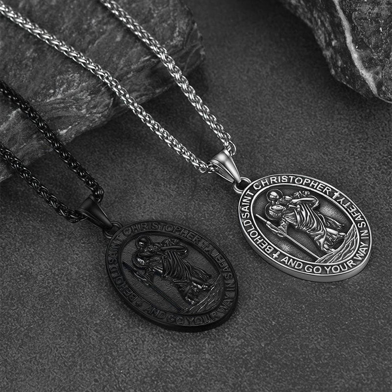 Catholic Engraved Saint Christopher Medal Necklace for