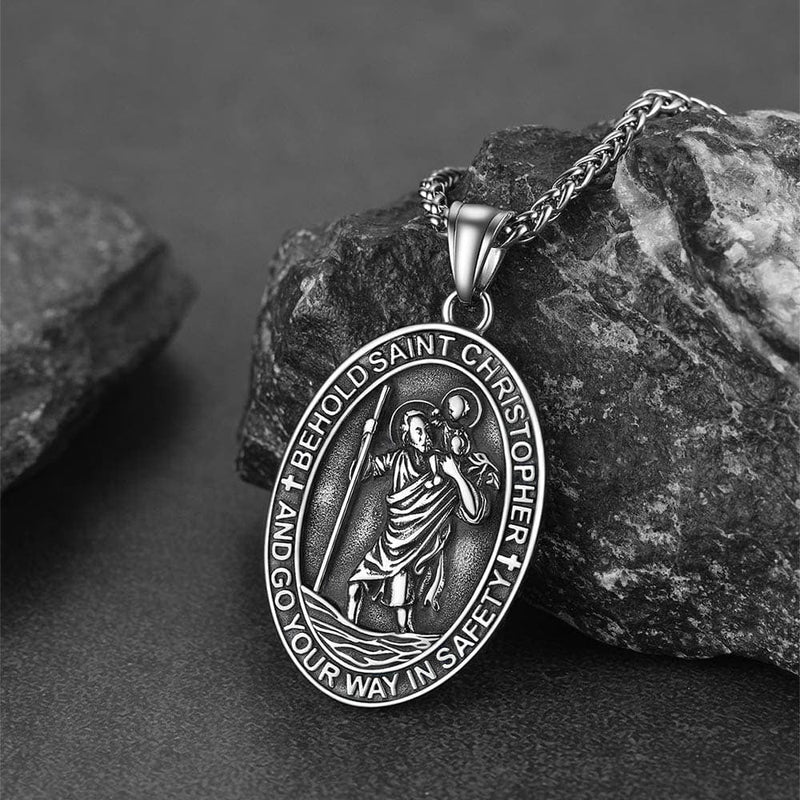 Catholic Engraved Saint Christopher Medal Necklace for