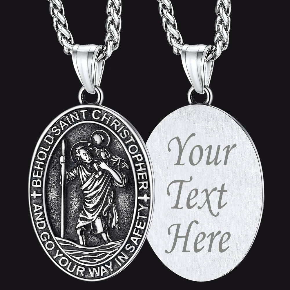 Catholic Engraved Saint Christopher Medal Necklace for