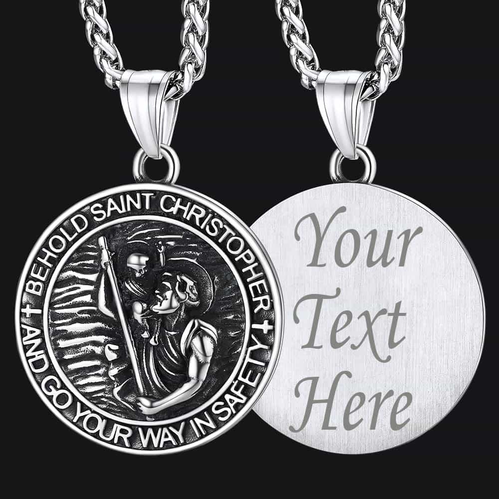 Engraved Saint Christopher Medal Pendant Necklace for