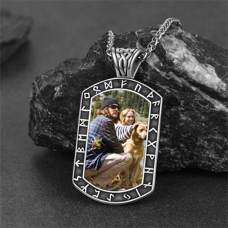 Personalized Picture Dog Tag Necklace With Viking Runes for