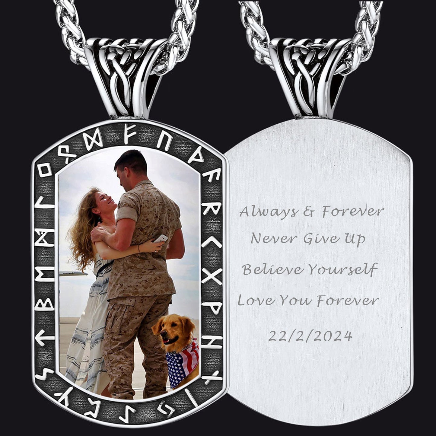 Personalized Picture Dog Tag Necklace With Viking Runes for