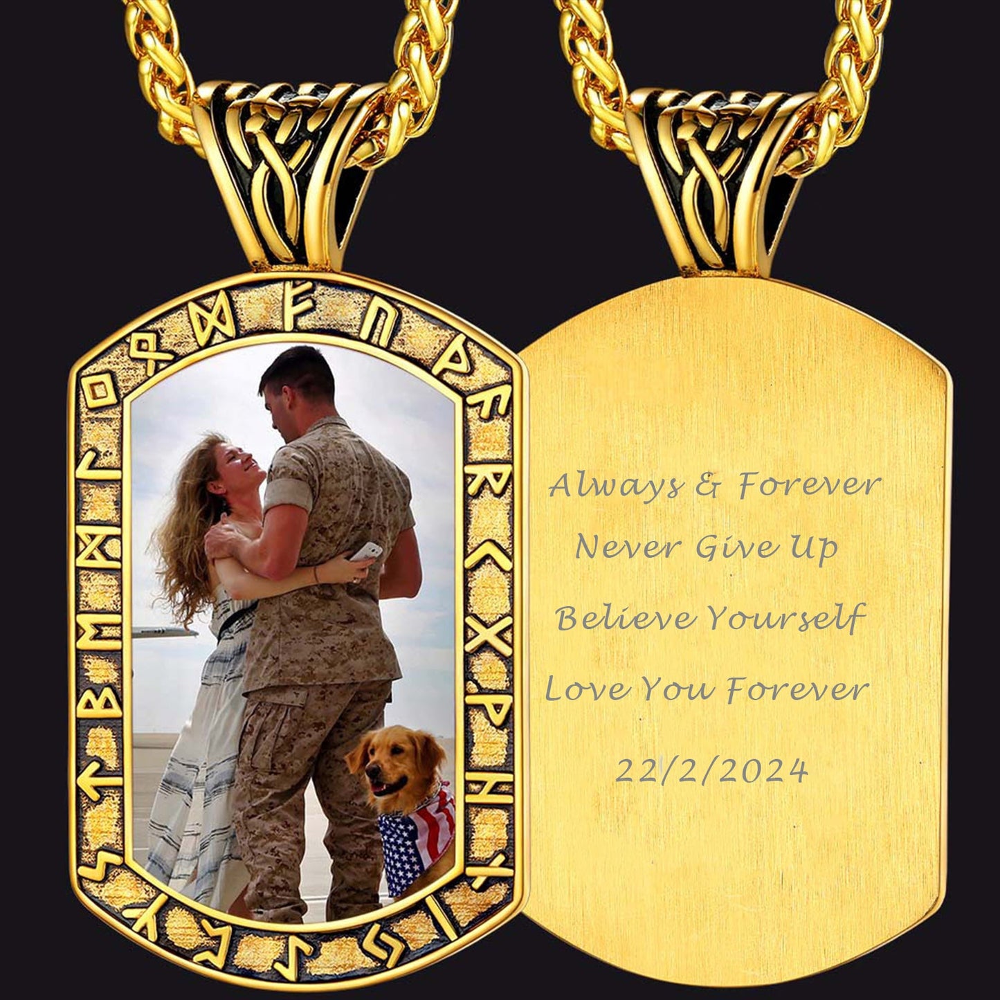 Personalized Picture Dog Tag Necklace With Viking Runes for