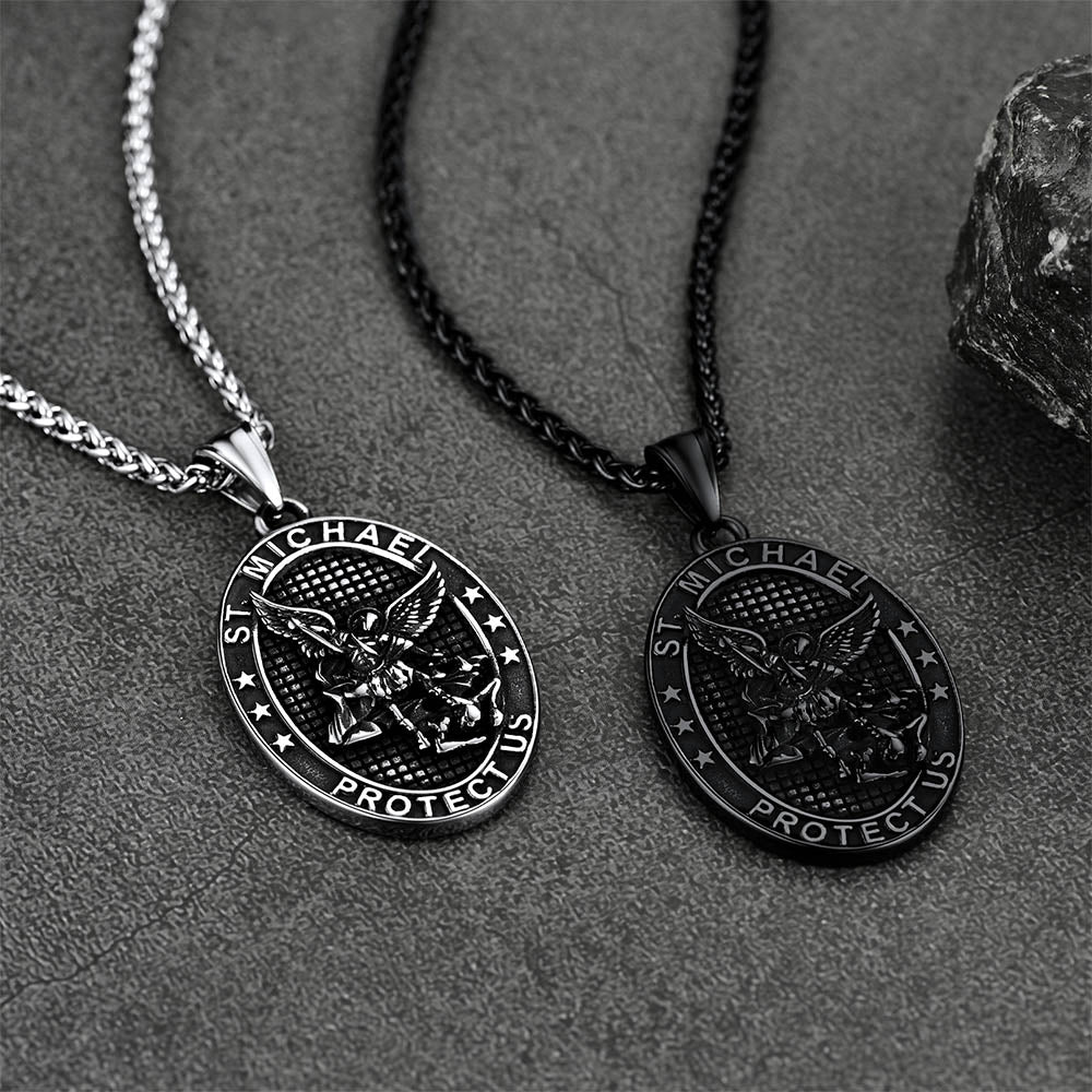 Flat Box Chain & St. Michael Layered Necklaces Set for