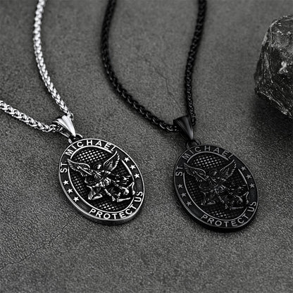 Flat Box Chain & St. Michael Layered Necklaces Set for