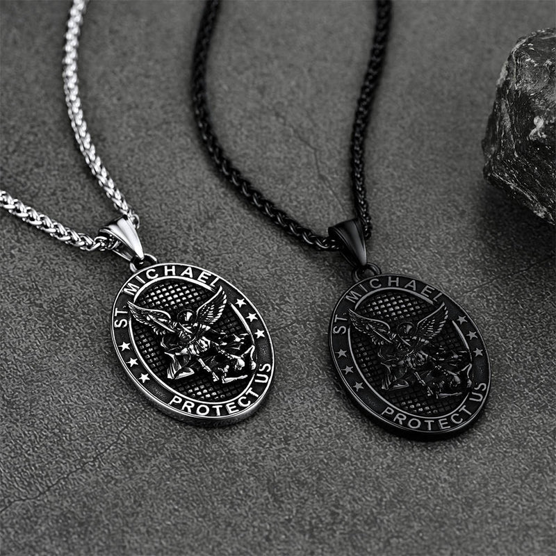 Flat Box Chain & St. Michael Layered Necklaces Set for