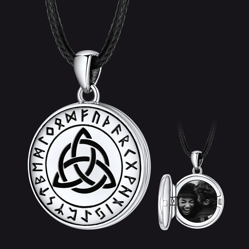 Custom Celtic Knot Photo Locket Necklace With Leather Chain for