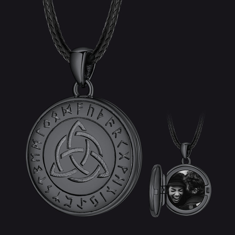 Custom Celtic Knot Photo Locket Necklace With Leather Chain for