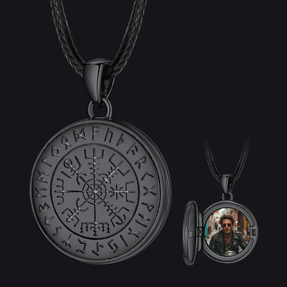 Personalized Photo Locket Necklace With Viking Compass for