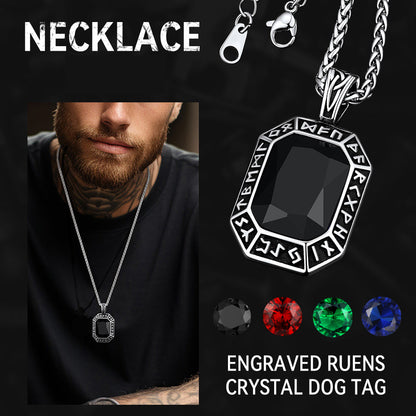 Engraved Crystal Dog Tag Necklace With Viking Runes for