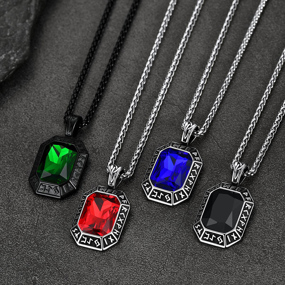 Engraved Crystal Dog Tag Necklace With Viking Runes for