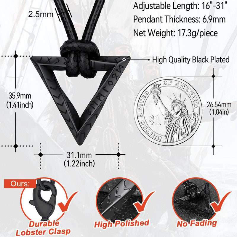Viking Rune Mobius Triangle Pendant Necklace With Leather Chain
