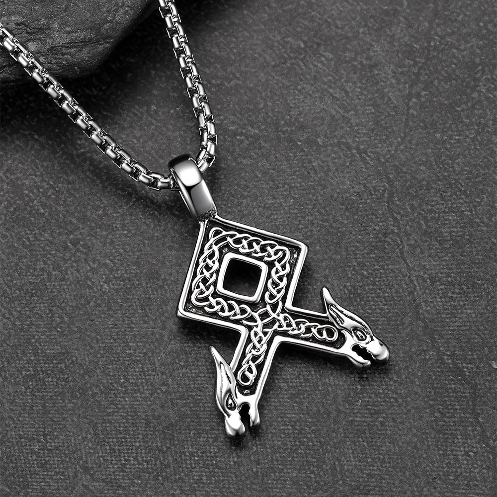 Viking Othala Rune Wolf Heads Pendant Necklace for