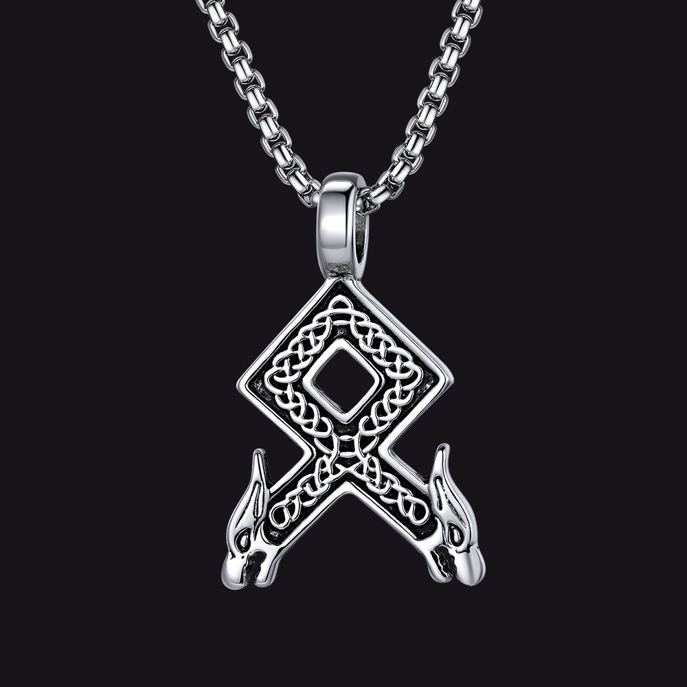 Viking Othala Rune Wolf Heads Pendant Necklace for