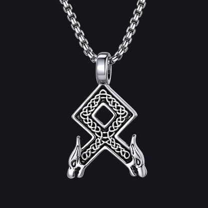 Viking Othala Rune Wolf Heads Pendant Necklace for
