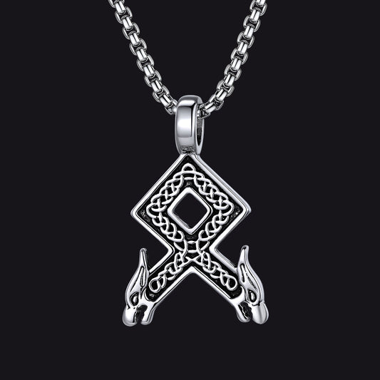 Viking Othala Rune Wolf Heads Pendant Necklace for