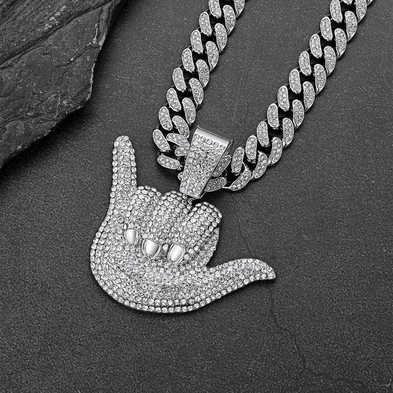 Full Diamond 666 Hand Pendant With Cuban Chain Necklace for