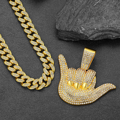 Full Diamond 666 Hand Pendant With Cuban Chain Necklace for