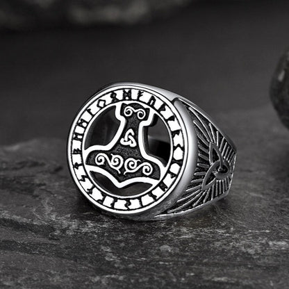 Viking Thor's Hammer Ring With Runes for