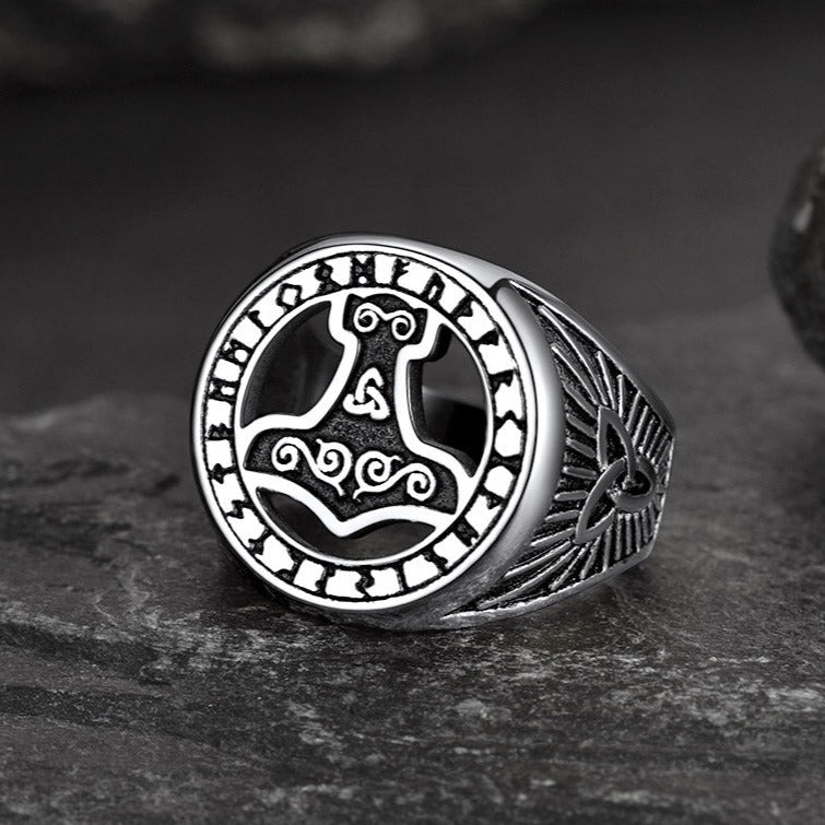 Viking Thor's Hammer Ring With Runes for