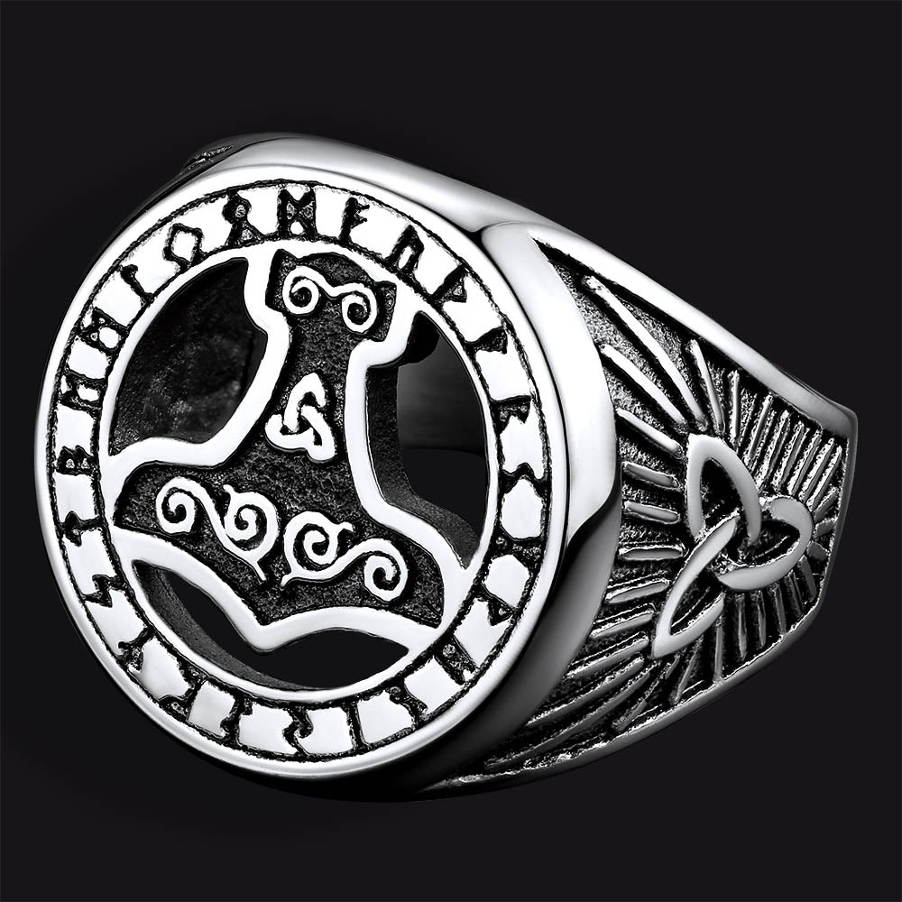 Viking Thor's Hammer Ring With Runes for