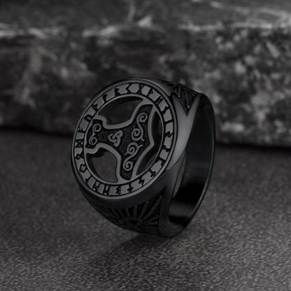 Viking Thor's Hammer Ring With Runes for