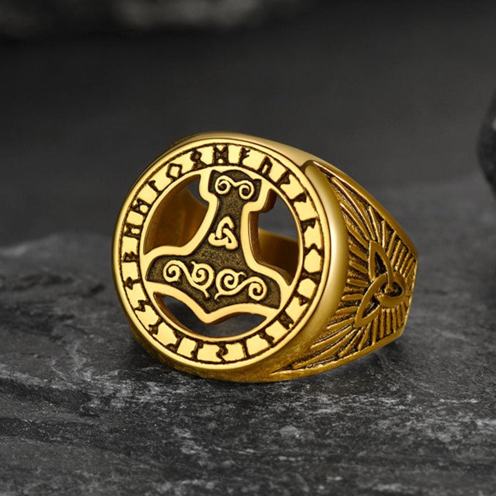 Viking Thor's Hammer Ring With Runes for