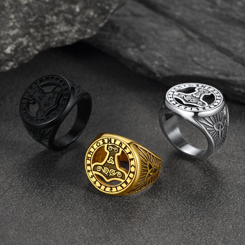 Viking Thor's Hammer Ring With Runes for