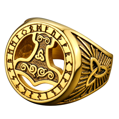 Viking Thor's Hammer Ring With Runes for