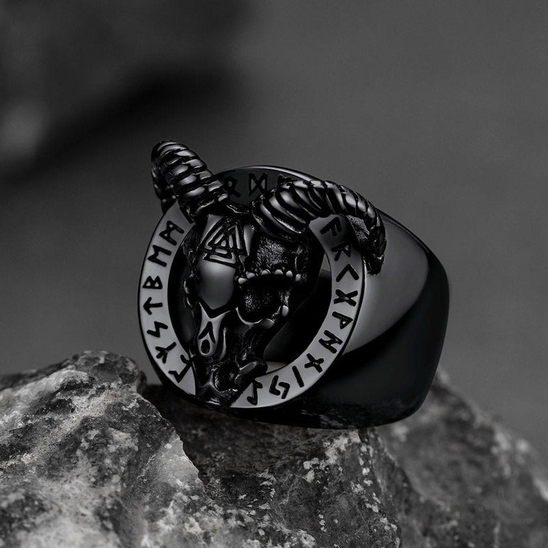 Satanic Goat Skull Ring With Viking Runes for