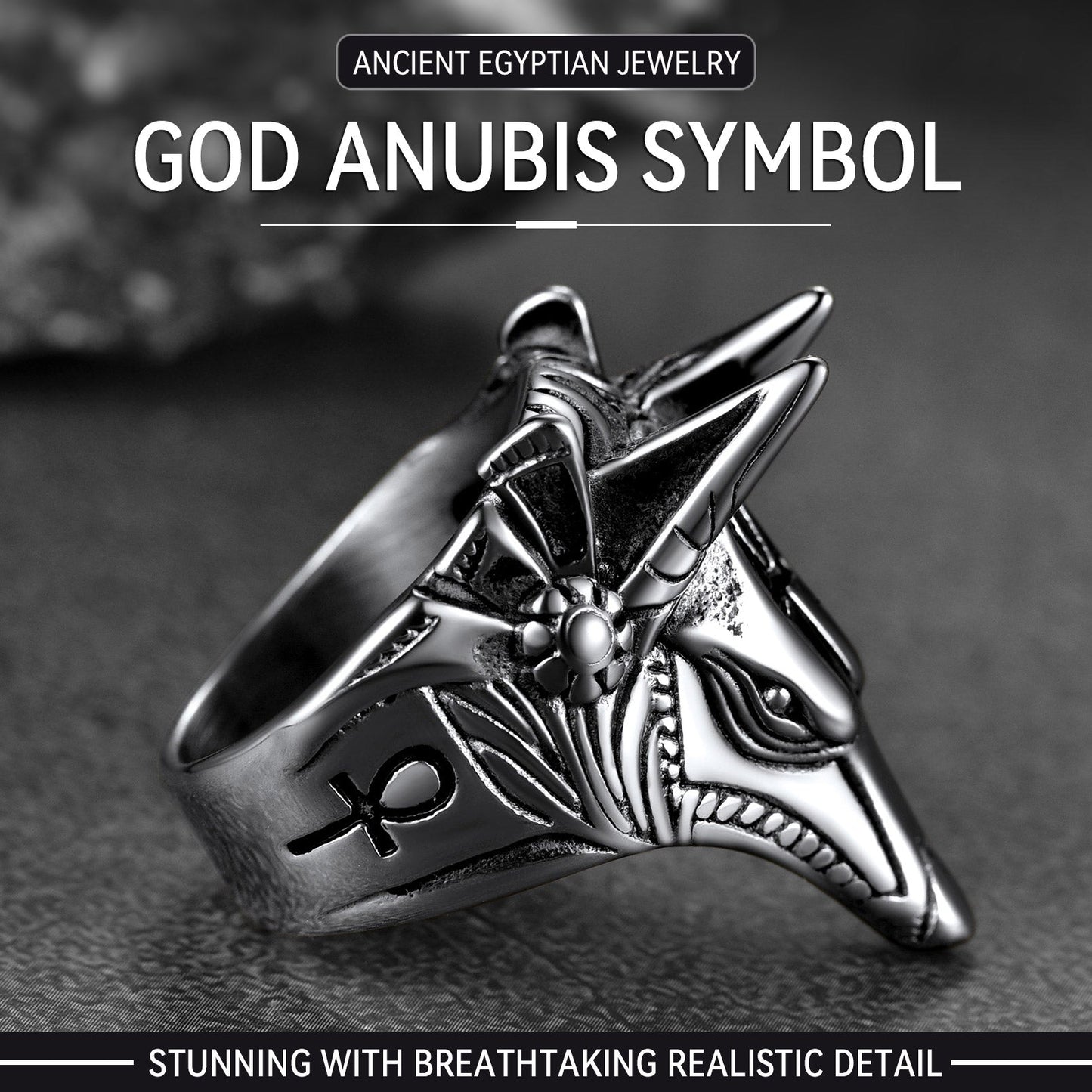 Ancient Egyptian Anubis Ring With Ankh Cross for
