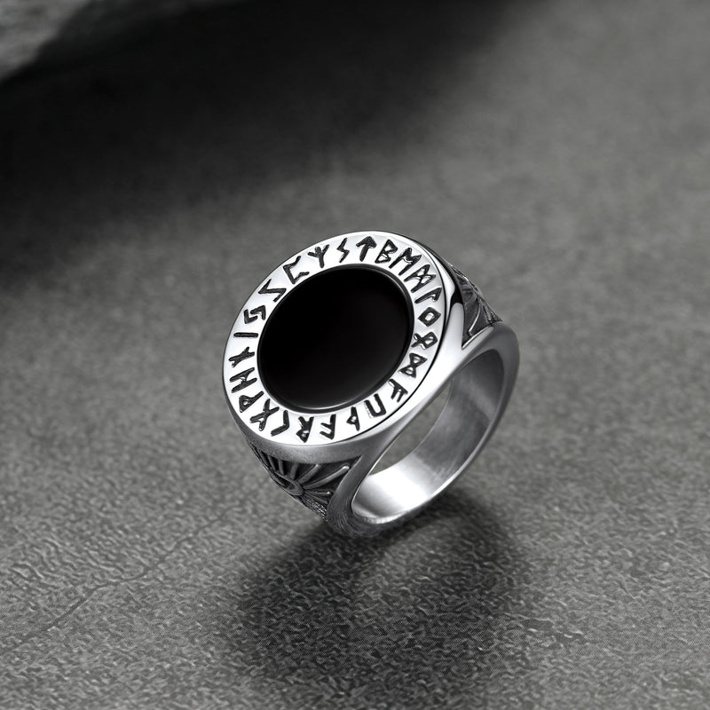 Black Onyx Signet Ring With Viking Runes for