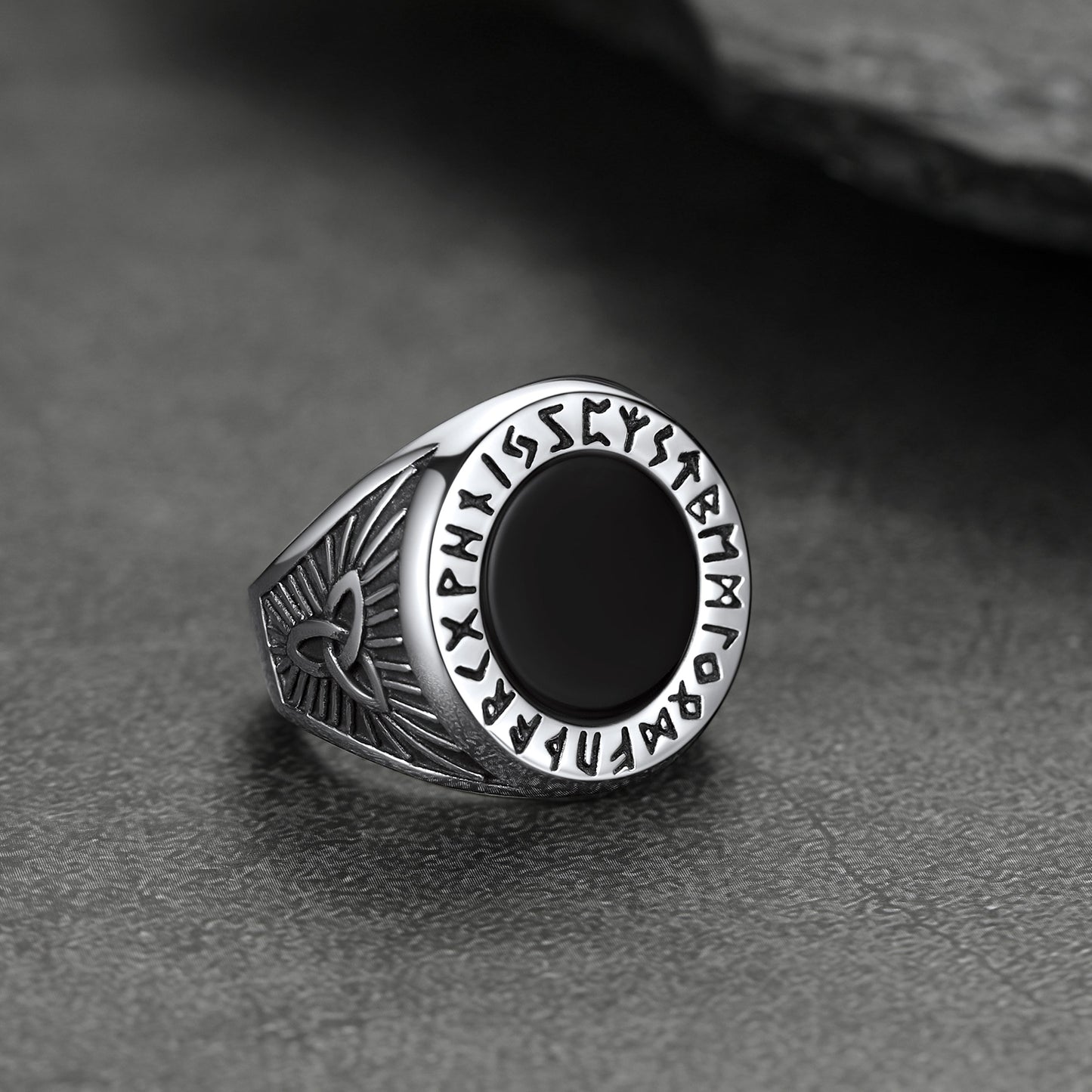 Black Onyx Signet Ring With Viking Runes for