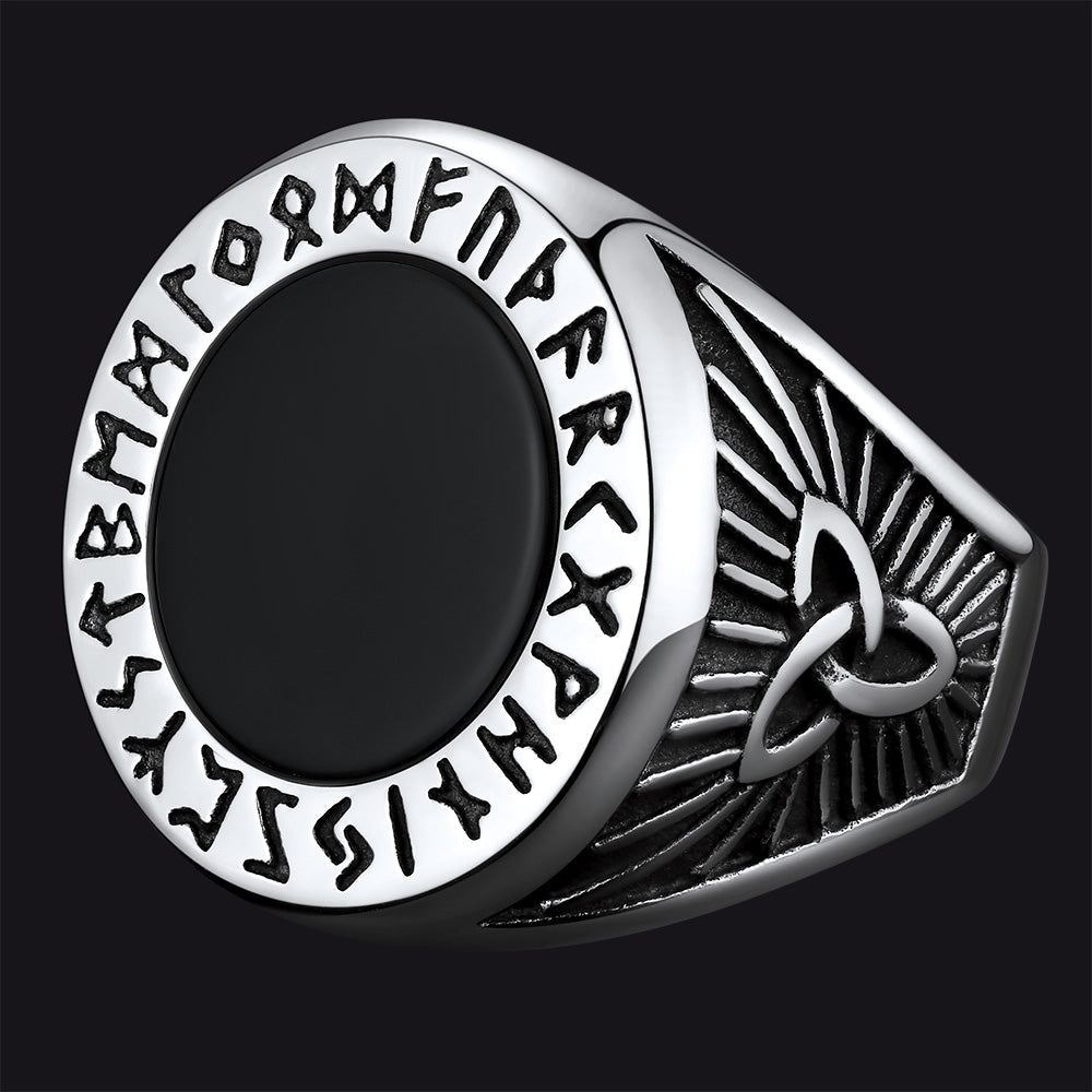 Black Onyx Signet Ring With Viking Runes for