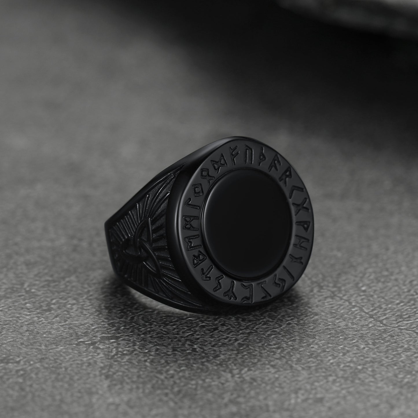 Black Onyx Signet Ring With Viking Runes for