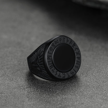 Black Onyx Signet Ring With Viking Runes for