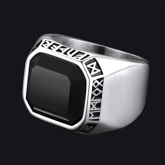 Customized Black Onyx Ring With Viking Runes for
