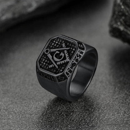 Square Masonic Signet Ring With Runes for